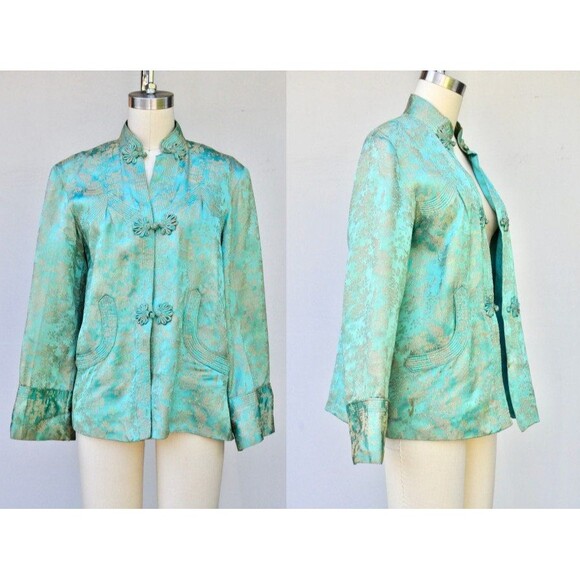 Novelty Print Satin Silk Asian Japanese Print Duster Jacket Blazer Pockets S M - Picture 1 of 10